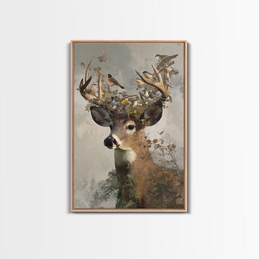 Deer with Antlers Full of Birds Framed Canvas Print, Whimsical Art, Room Decor, Living Room Decor, Wonder, Oil Painting, WHI-2x3-3