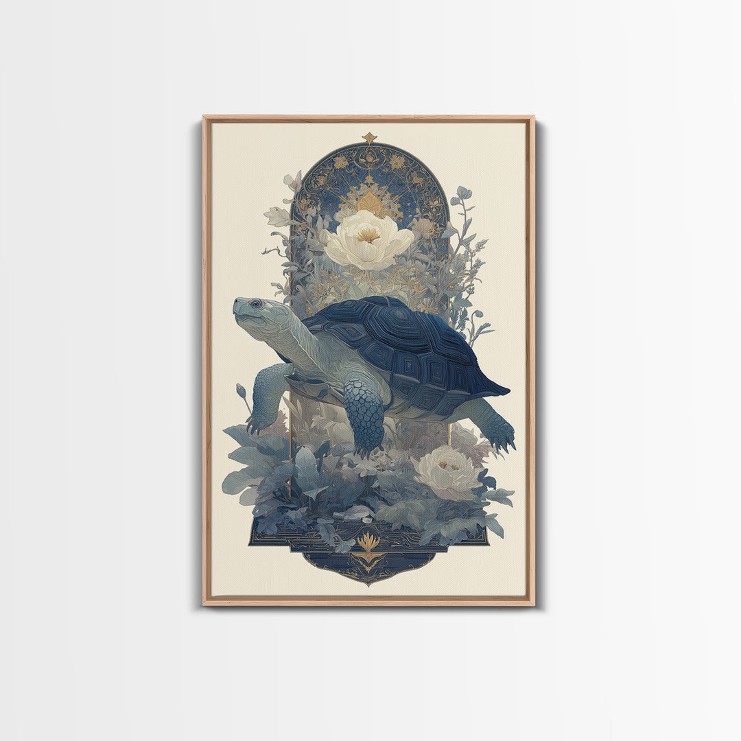 Turtle with Garden Growing on Shell Framed Canvas Print, Whimsical Art, Minimalist Decor, Living Room Decor, Oil Painting, WHI-2x3-30