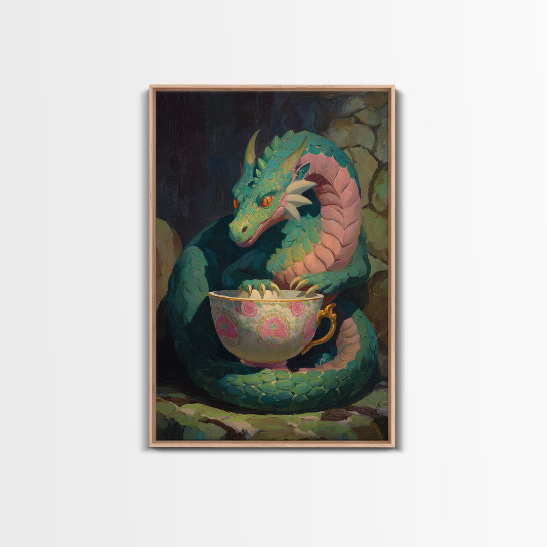 Dragon Curled Around a Teacup Canvas Print, Whimsical Art, Statement Artwork, Living Room Decor, Fine Art, Wonder, Art Print, WHI-2x3-32