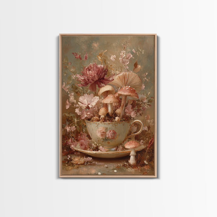 Teacup Garden with Tiny Mushrooms Framed Canvas Print, Whimsical Art, Watercolor Art, Living Room Decor, Fine Art, Wonder, WHI-2x3-36