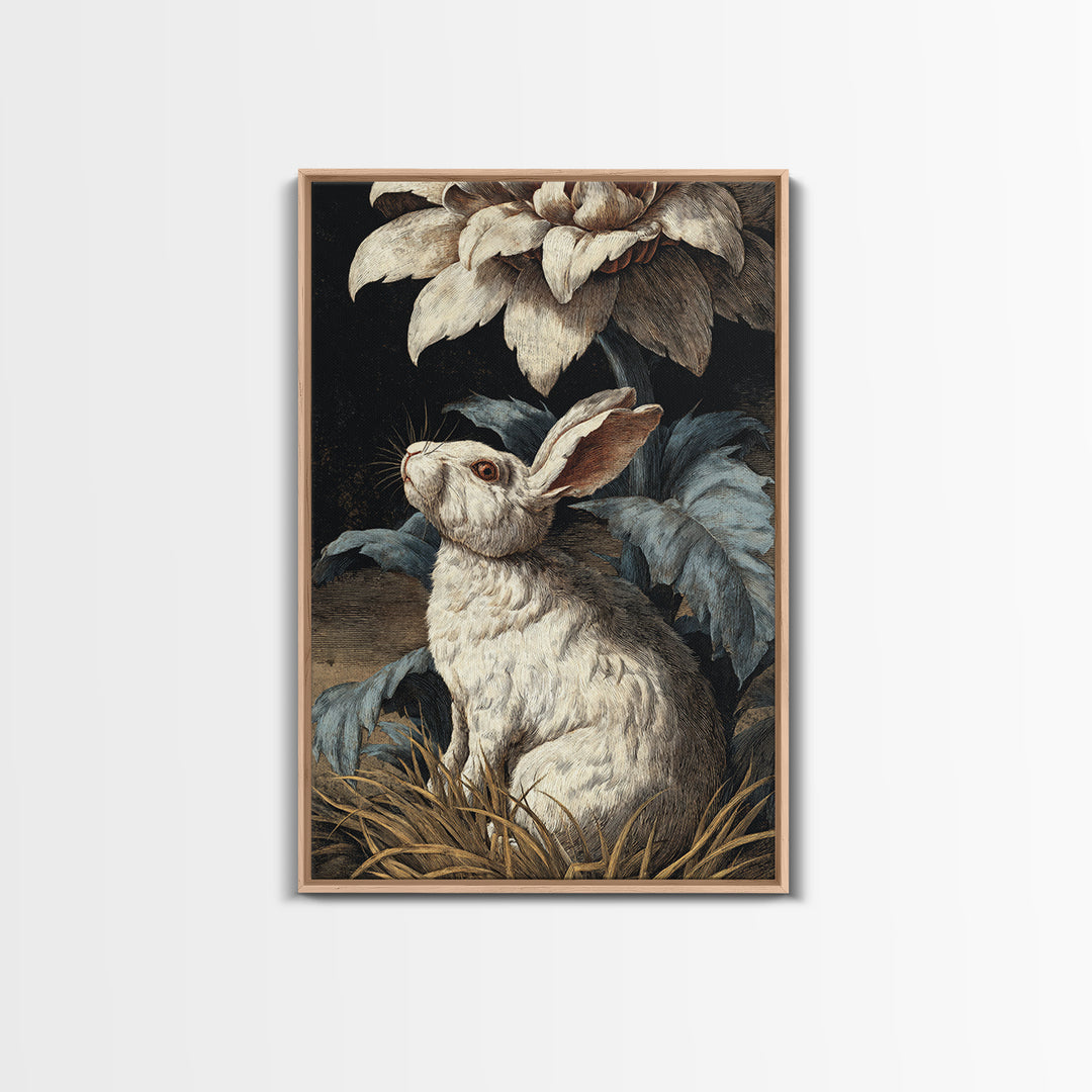 Rabbit Reading Beneath a Giant Flower Framed Canvas Print, Whimsical Art, Nursery Wall Art, Living Room Decor, Fine Art, Wonder, WHI-2x3-37