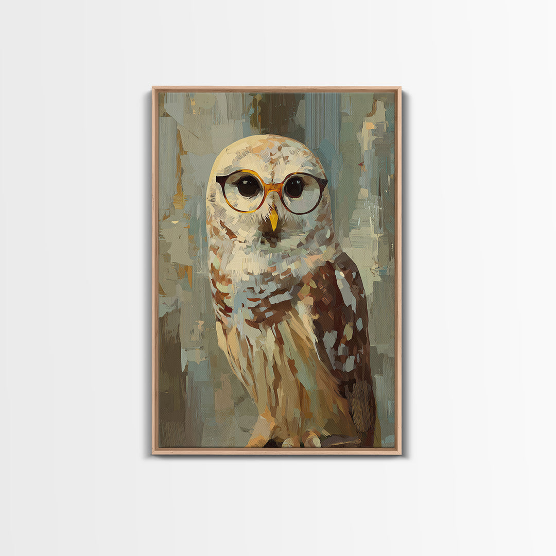 Owl Wearing Spectacles Among Stars Framed Canvas Print, Whimsical Art, Pet Portrait, Living Room Decor, Fine Art, Wonder, WHI-2x3-38