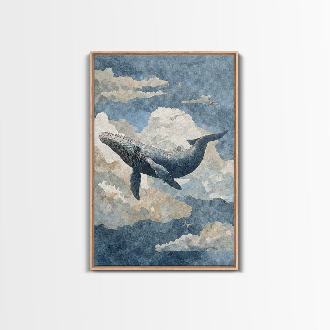 Whale Flying Through Clouds Like Ocean Canvas Print, Whimsical Art, Framed Wall Art, Living Room Decor, Oil Painting, Wonder, WHI-2x3-45