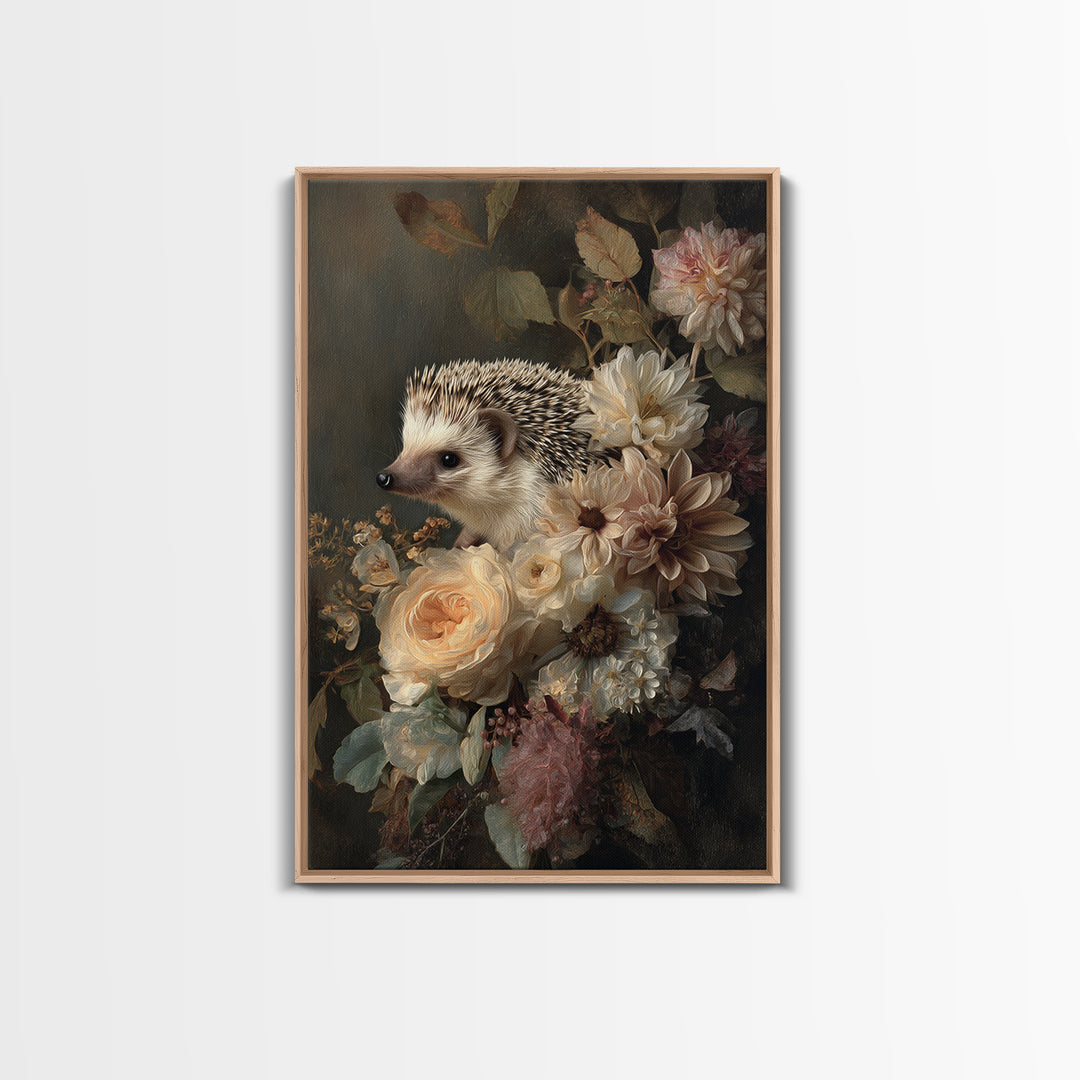 Hedgehog Carrying Wildflowers Framed Canvas Print, Whimsical Art, Art Nouveau, Living Room Decor, Wonder, Nursery Wall Decor, WHI-2x3-47