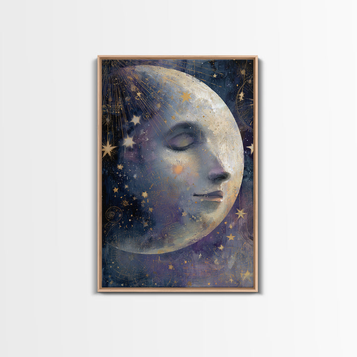 Moon with Sleeping Face and Dangling Stars Framed Canvas Print, Whimsical Art, Home Decor, Living Room Decor, Fine Art, Wonder, WHI-2x3-48