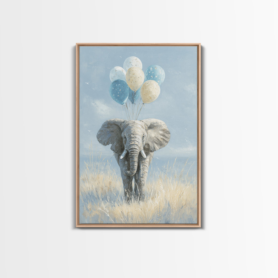 Elephant Holding Balloons Framed Canvas Print, Whimsical Art, Whimsical, Living Room Decor, Oil Painting, Wonder, Nursery Art, WHI-2x3-59