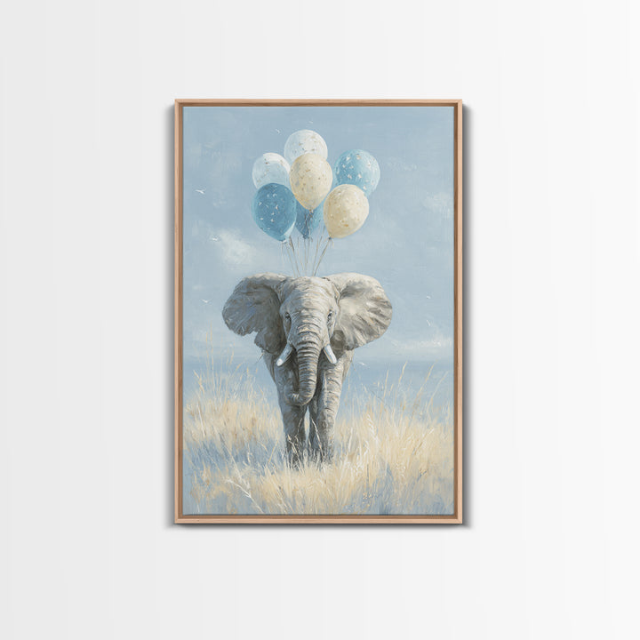 Elephant Holding Balloons Framed Canvas Print, Whimsical Art, Whimsical, Living Room Decor, Oil Painting, Wonder, Nursery Art, WHI-2x3-59