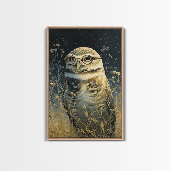 Owl Wearing Spectacles Among Stars Canvas Print, Whimsical Art, Art Nouveau, Living Room Decor, Abstract Art, Wonder, WHI-2x3-62