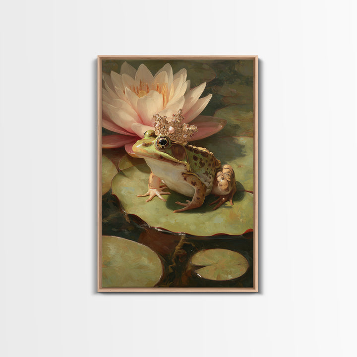 Frog Prince on a Lily Pad Framed Canvas Print, Whimsical Art, Digital Art, Living Room Decor, Fine Art, Wonder, Nursery, WHI-2x3-64