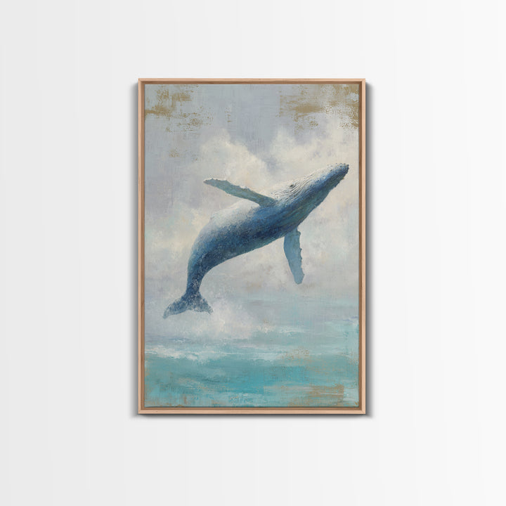 Whale Flying Through Clouds Like Ocean Framed Canvas Print, Whimsical Art, Living Room Decor, Fine Art, Wonder, Gallery Decor, WHI-2x3-69