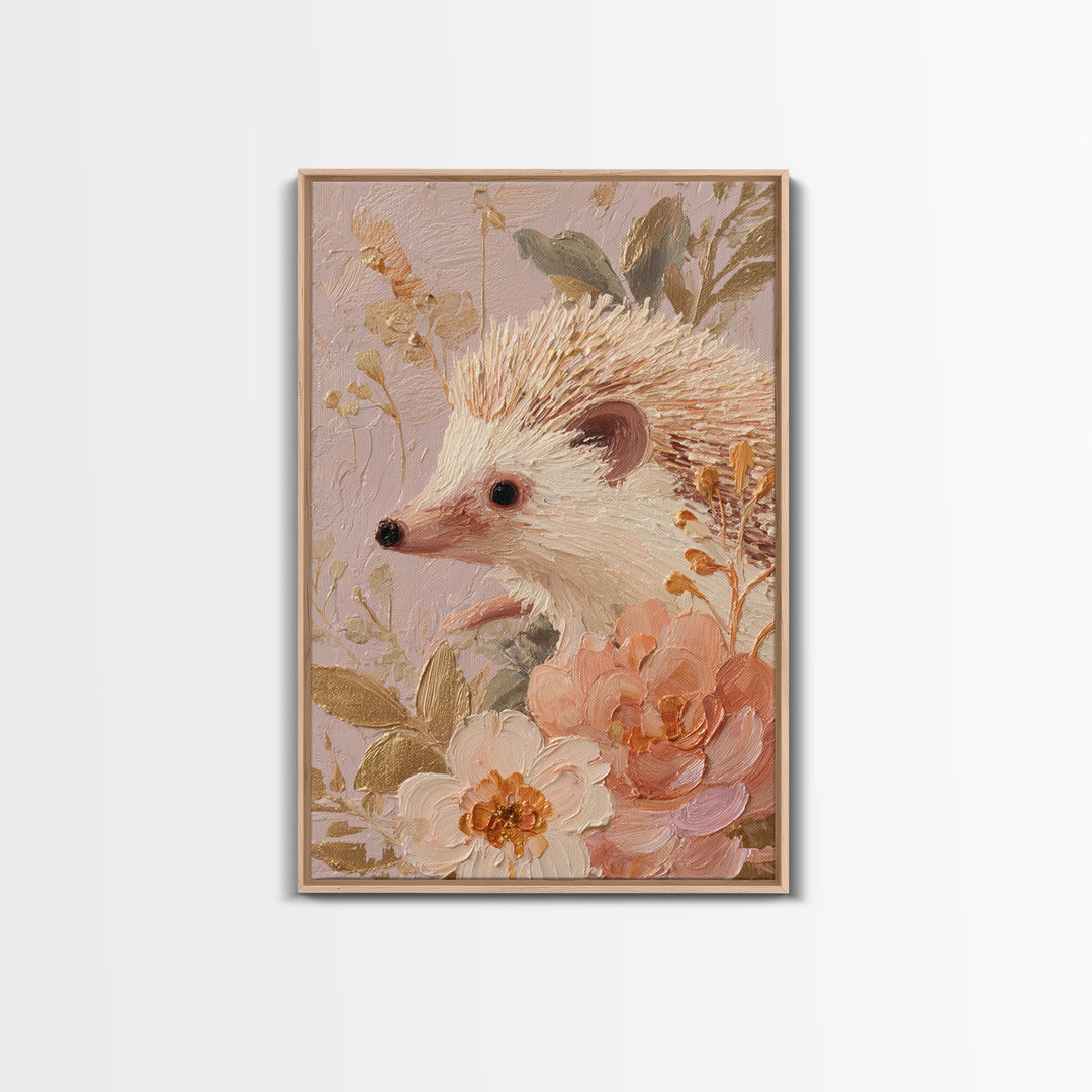 Hedgehog Carrying Wildflowers Canvas Print, Whimsical Art, Nursery, Living Room Decor, Oil Painting, Wonder, Watercolor Art, WHI-2x3-71