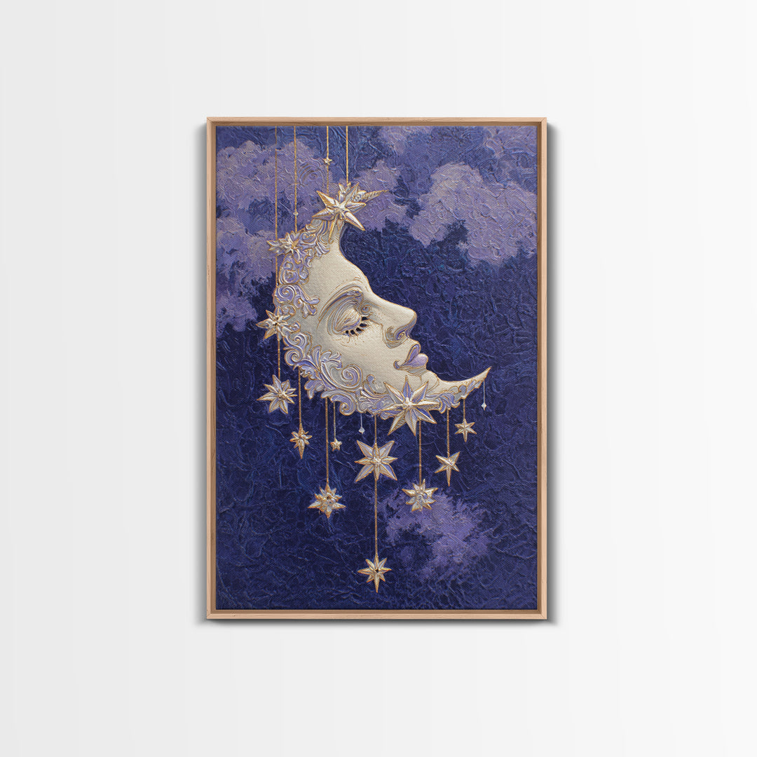 Moon with Sleeping Face and Dangling Stars Canvas Print, Whimsical Art, Printable Wall Art, Living Room Decor, Fine Art, Wonder, WHI-2x3-72