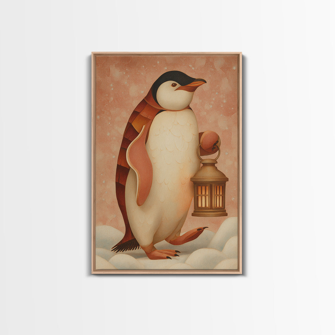 Penguin Holding a Lantern Framed Canvas Print, Whimsical Art, Abstract Wall Art, Living Room Decor, Fine Art, Wonder, WHI-2x3-73