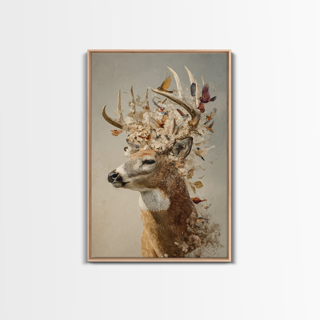 Deer with Antlers Full of Birds Framed Canvas Print, Whimsical Art, Living Room Decor, Fine Art, Wonder, Gallery Decor, WHI-2x3-75