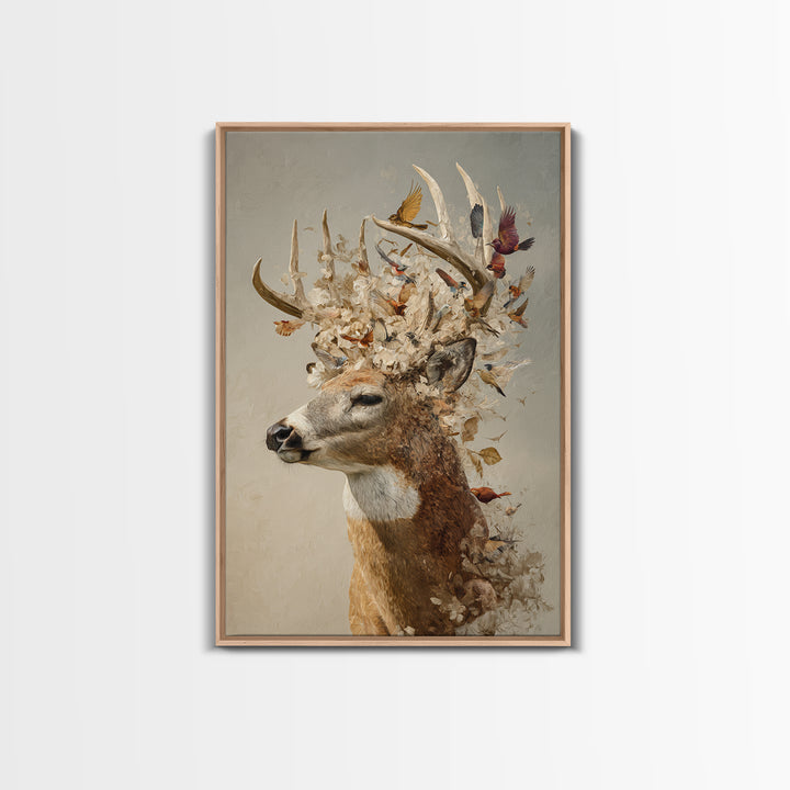 Deer with Antlers Full of Birds Framed Canvas Print, Whimsical Art, Living Room Decor, Fine Art, Wonder, Gallery Decor, WHI-2x3-75