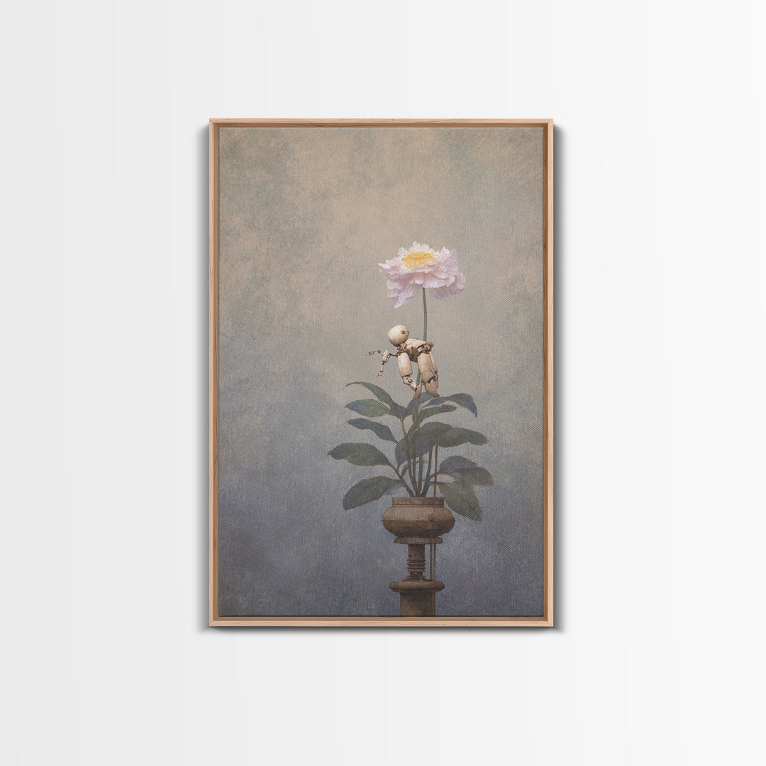 Robot Watering a Single Flower Canvas Print, Whimsical Art, Dark Academia Decor, Living Room Decor, Fine Art, Wonder, WHI-2x3-77