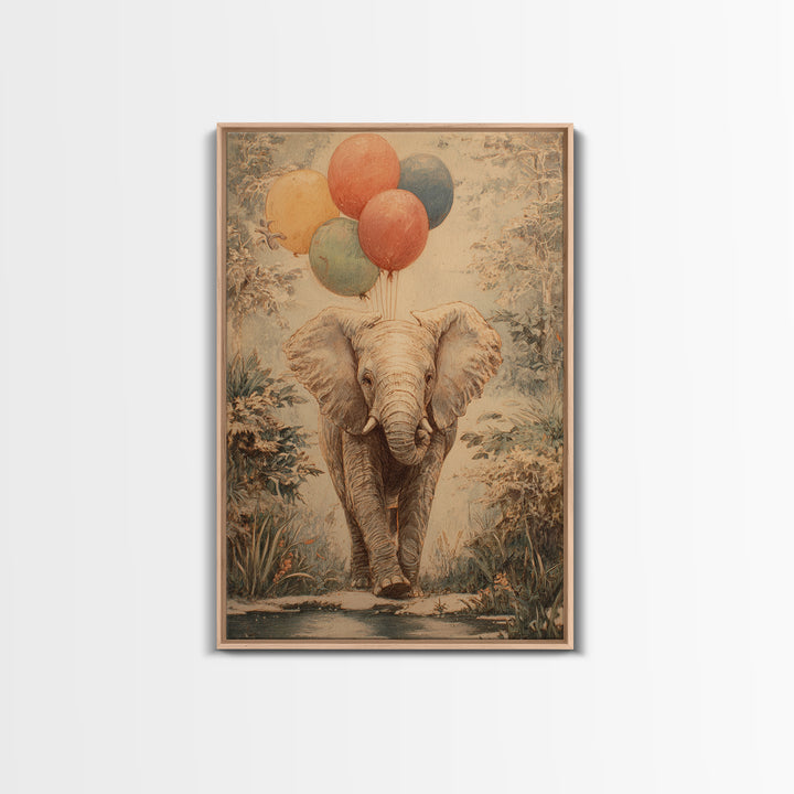 Elephant Holding Balloons Framed Canvas Print, Whimsical Art, Bird Art, Living Room Decor, Abstract Art, Wonder, WHI-2x3-83