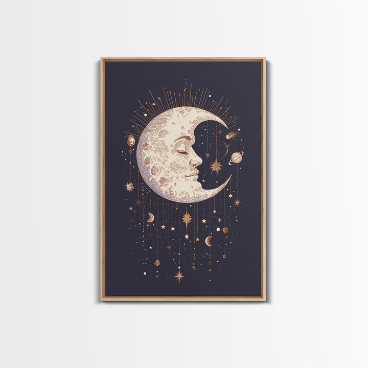 Moon with Sleeping Face and Dangling Stars Canvas Print, Whimsical Art, Living Room Decor, Fine Art, Wonder, Gallery Decor, WHI-2x3-96