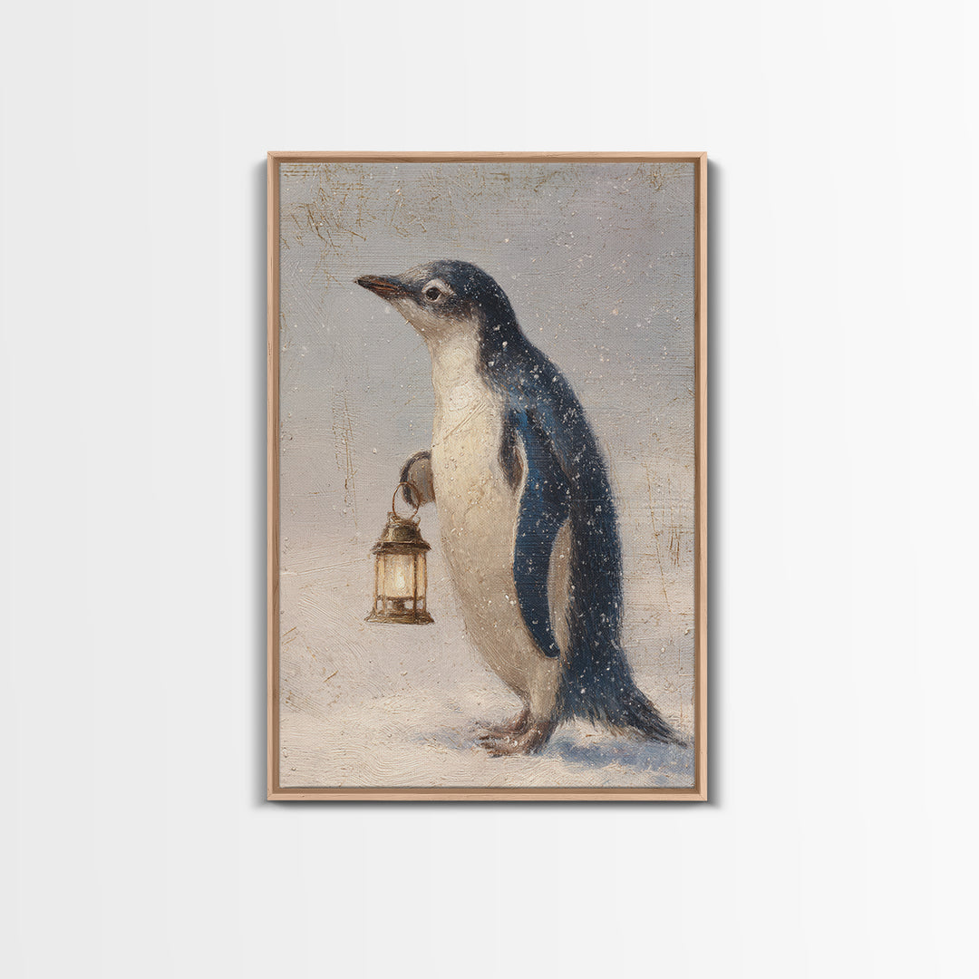 Penguin Holding a Lantern Framed Canvas Print, Whimsical Art, Abstract Wall Art, Living Room Decor, Fine Art, Wonder, WHI-2x3-97