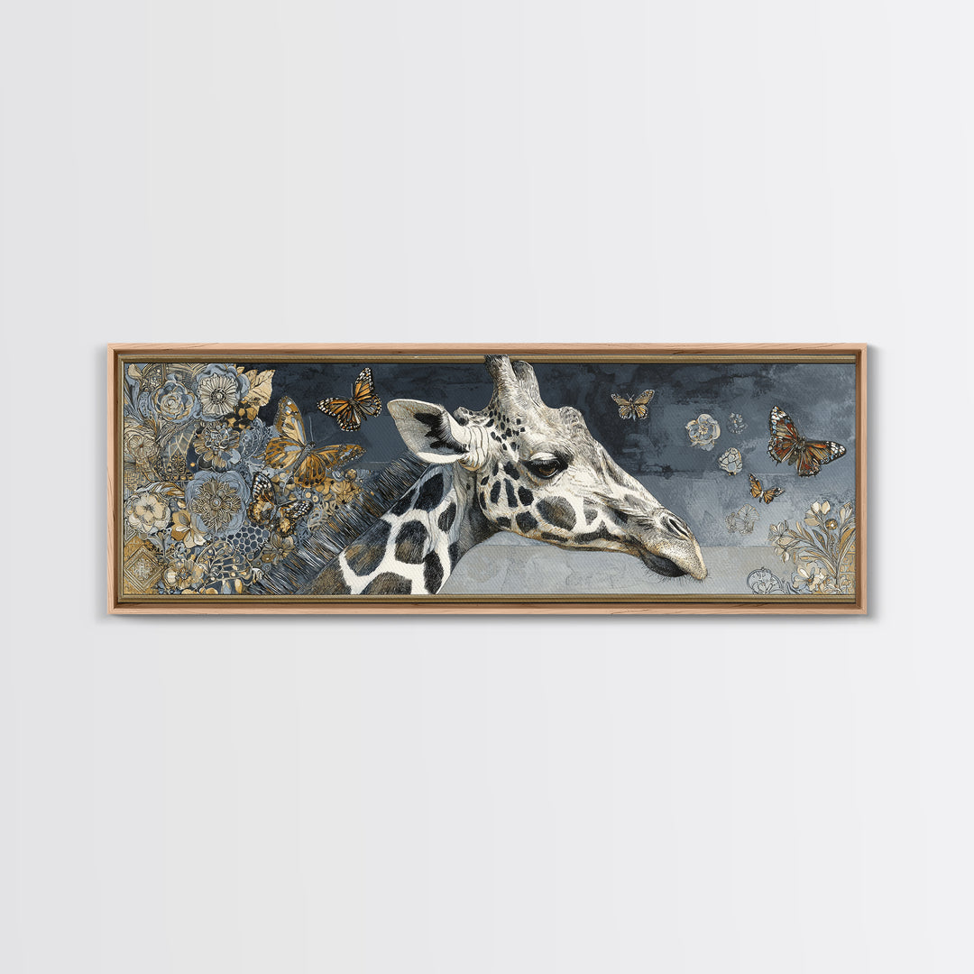 Giraffe with Scarf and Butterflies Framed Canvas Print, Whimsical Art, Original Art, Living Room Decor, Fine Art, Wonder, WHI-3x1-2