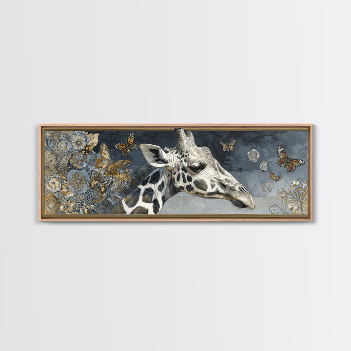 Giraffe with Scarf and Butterflies Framed Canvas Print, Whimsical Art, Original Art, Living Room Decor, Fine Art, Wonder, WHI-3x1-2