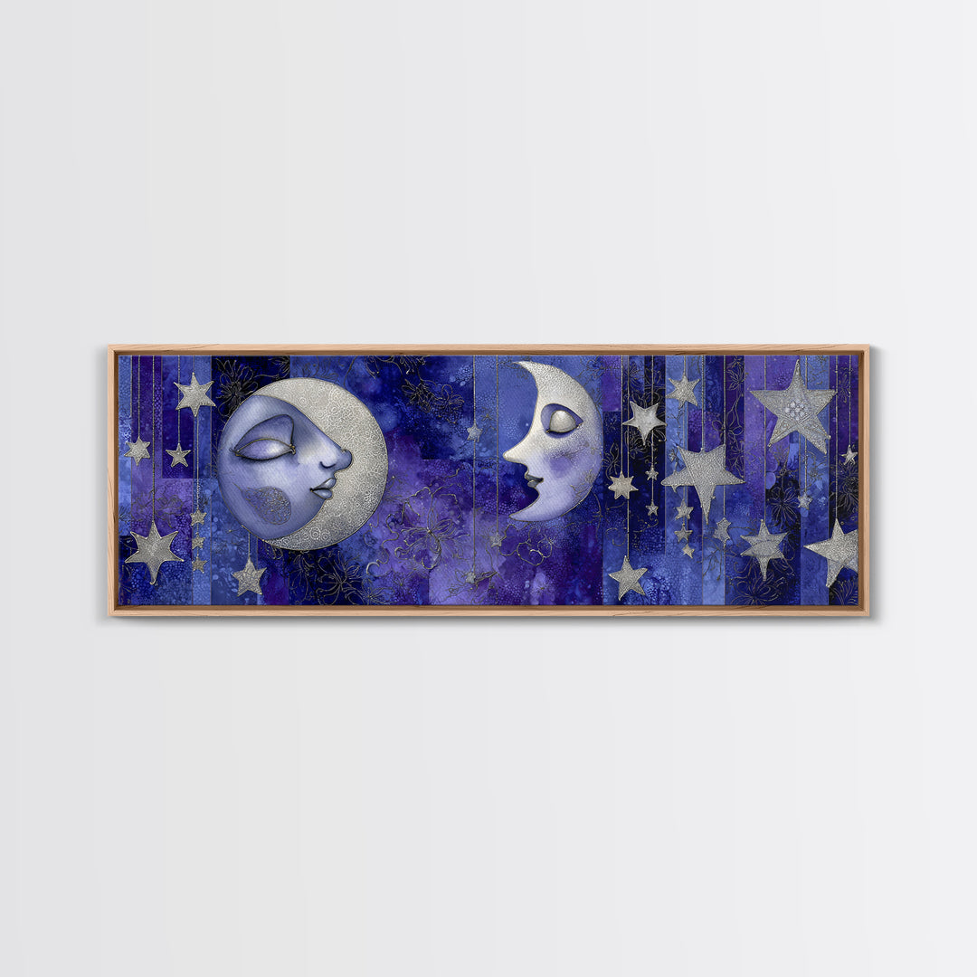 Moon with Sleeping Face and Dangling Stars Framed Canvas Print, Whimsical Art, Watercolor Art, Living Room Decor, Wonder, WHI-3x1-32