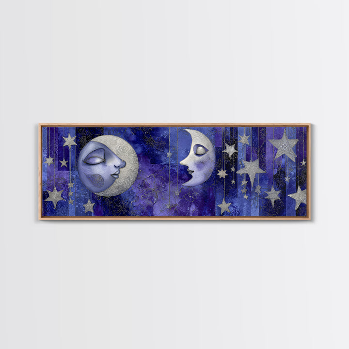 Moon with Sleeping Face and Dangling Stars Framed Canvas Print, Whimsical Art, Watercolor Art, Living Room Decor, Wonder, WHI-3x1-32