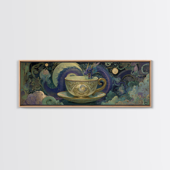 Dragon Curled Around a Teacup Canvas Print, Whimsical Art, Neutral Decor, Living Room Decor, Fine Art, Wonder, Home Decor, WHI-3x1-40