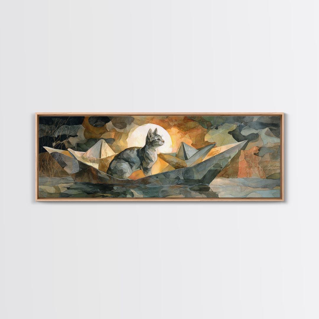 Cat Sailing a Paper Boat Canvas Print, Whimsical Art, Abstract Wall Art, Living Room Decor, Fine Art, Wonder, Neutral Decor, WHI-3x1-42