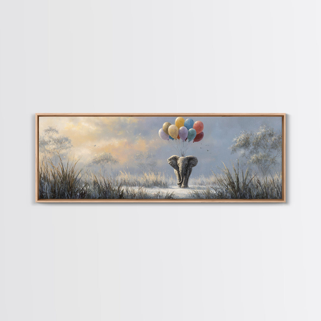 Elephant Holding Balloons Canvas Print, Whimsical Art, Pet Portrait, Living Room Decor, Fine Art, Wonder, Abstract Wall Art, WHI-3x1-43