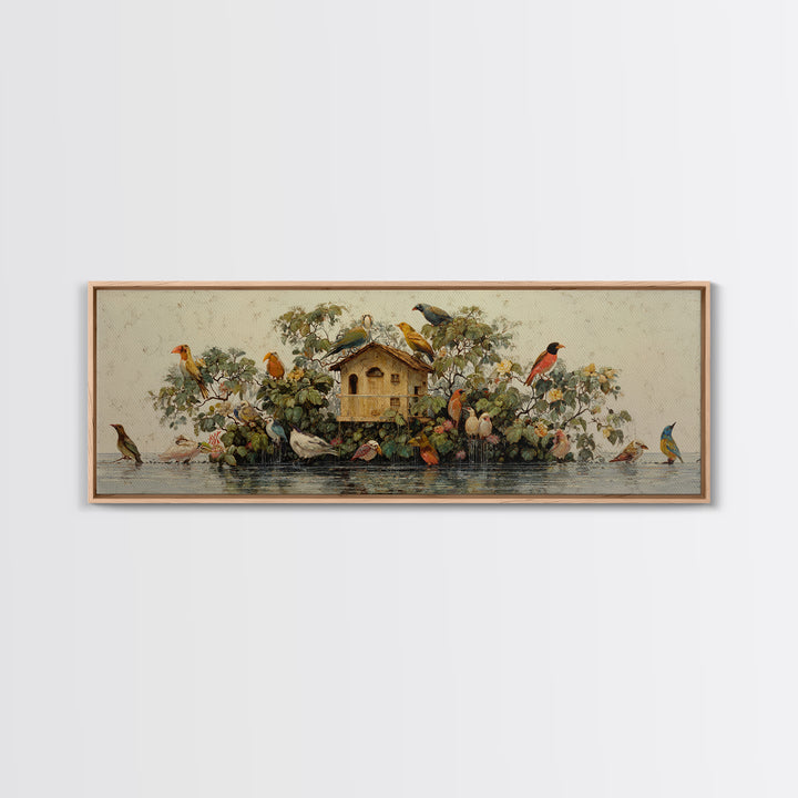 Floating House Carried by Colorful Birds Framed Canvas Print, Whimsical Art, Living Room Decor, Oil Painting, Wonder, WHI-3x1-47