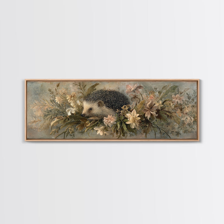 Hedgehog Carrying Wildflowers Framed Canvas Print, Whimsical Art, Prints, Living Room Decor, Oil Painting, Wonder, WHI-3x1-55