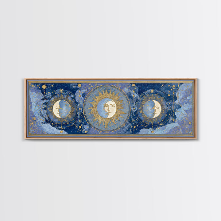 Moon with Sleeping Face and Dangling Stars Framed Canvas Print, Whimsical Art, Minimalist Decor, Living Room Decor, Wonder, WHI-3x1-56