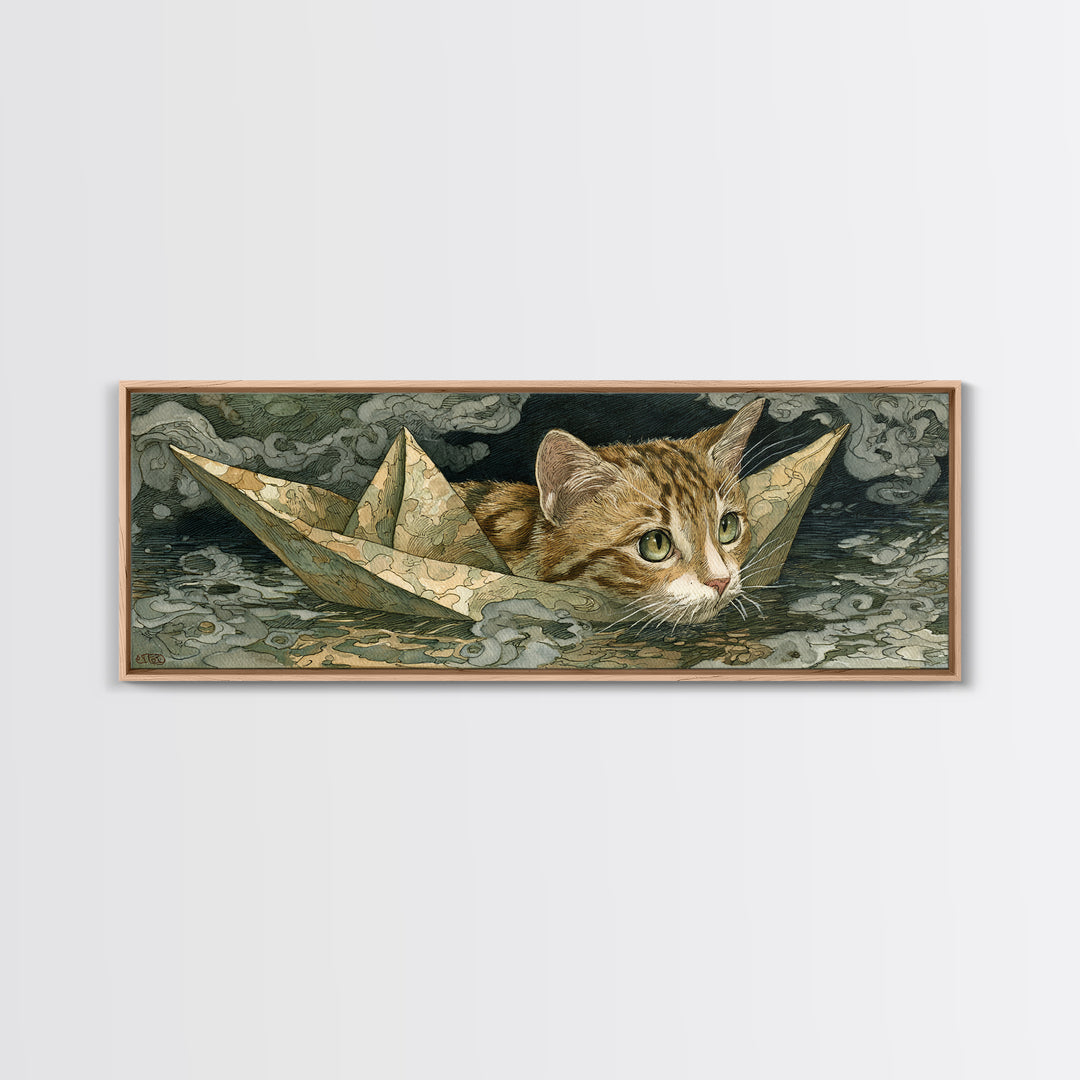 Cat Sailing a Paper Boat Canvas Print, Whimsical Art, Abstract Wall Art, Living Room Decor, Fine Art, Wonder, Neutral Decor, WHI-3x1-66