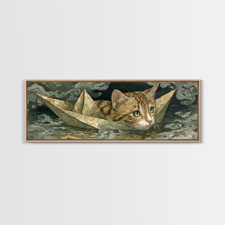 Cat Sailing a Paper Boat Canvas Print, Whimsical Art, Abstract Wall Art, Living Room Decor, Fine Art, Wonder, Neutral Decor, WHI-3x1-66