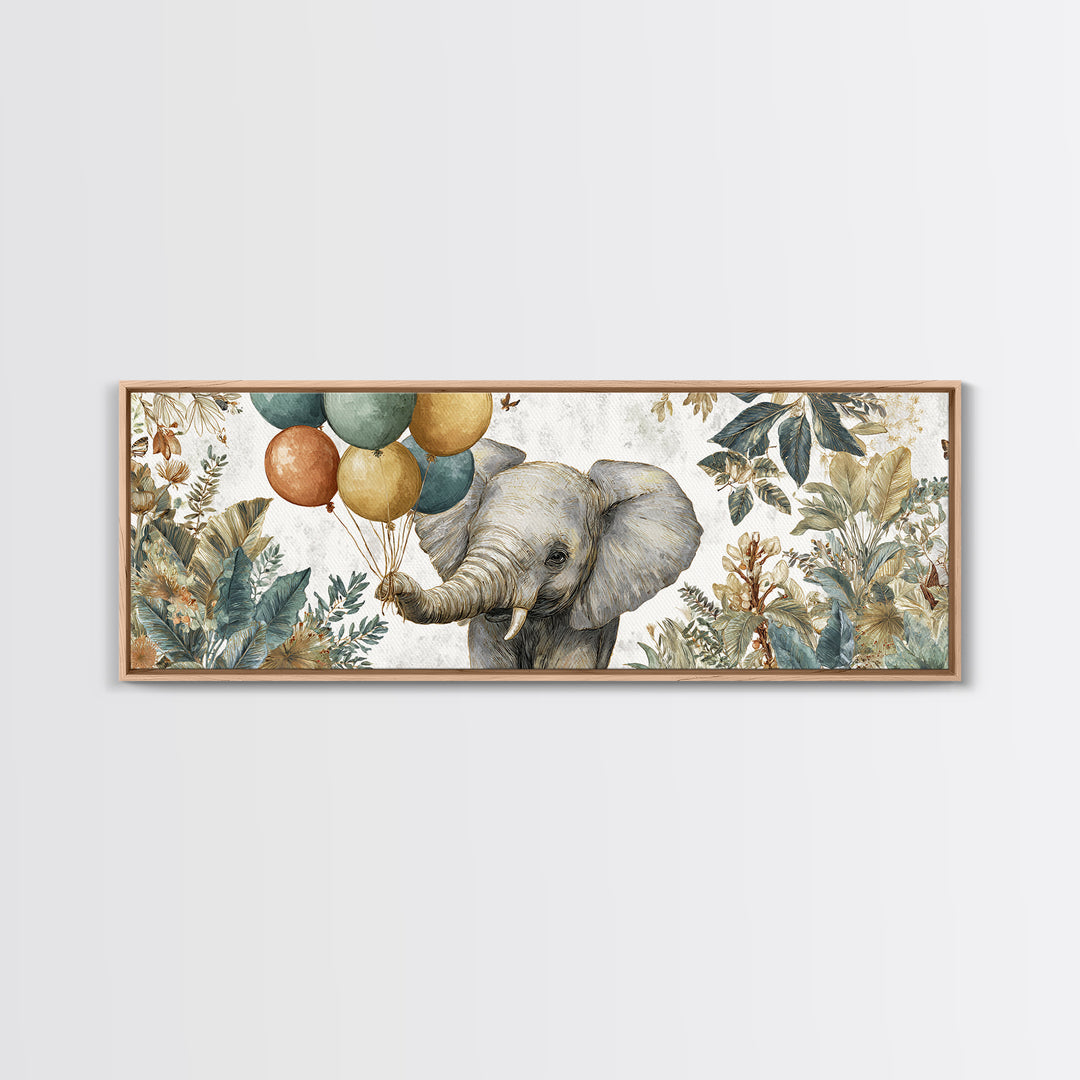 Elephant Holding Balloons Framed Canvas Print, Whimsical Art, Art Nouveau, Living Room Decor, Abstract Art, Wonder, WHI-3x1-67