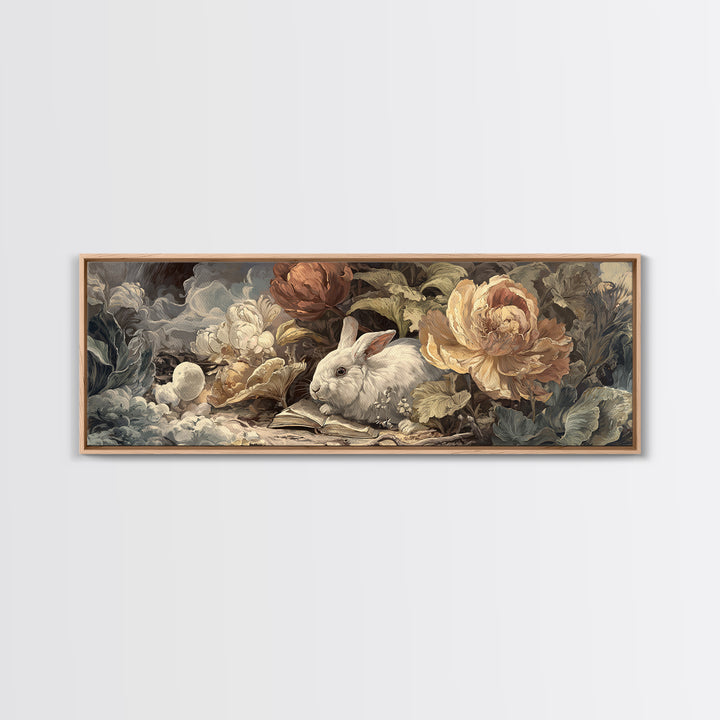 Rabbit Reading Beneath a Giant Flower Framed Canvas Print, Whimsical Art, Gallery Decor, Living Room Decor, Fine Art, Wonder, WHI-3x1-69