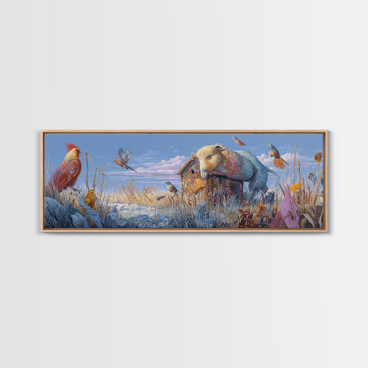 Floating House Carried by Colorful Birds Canvas Print, Whimsical Art, Framed Wall Art, Living Room Decor, Fine Art, Wonder, WHI-3x1-71