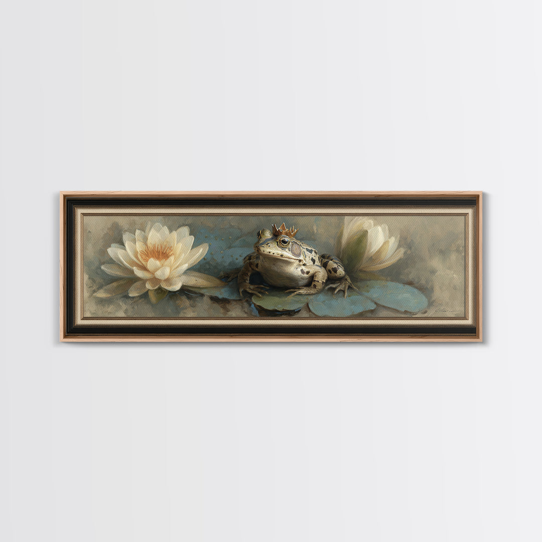 Frog Prince on a Lily Pad Framed Canvas Print, Whimsical Art, Wall Decor, Living Room Decor, Fine Art, Wonder, Printable Art, WHI-3x1-72
