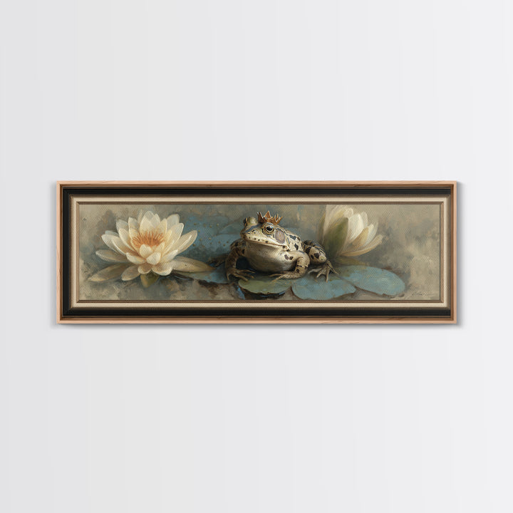 Frog Prince on a Lily Pad Framed Canvas Print, Whimsical Art, Wall Decor, Living Room Decor, Fine Art, Wonder, Printable Art, WHI-3x1-72