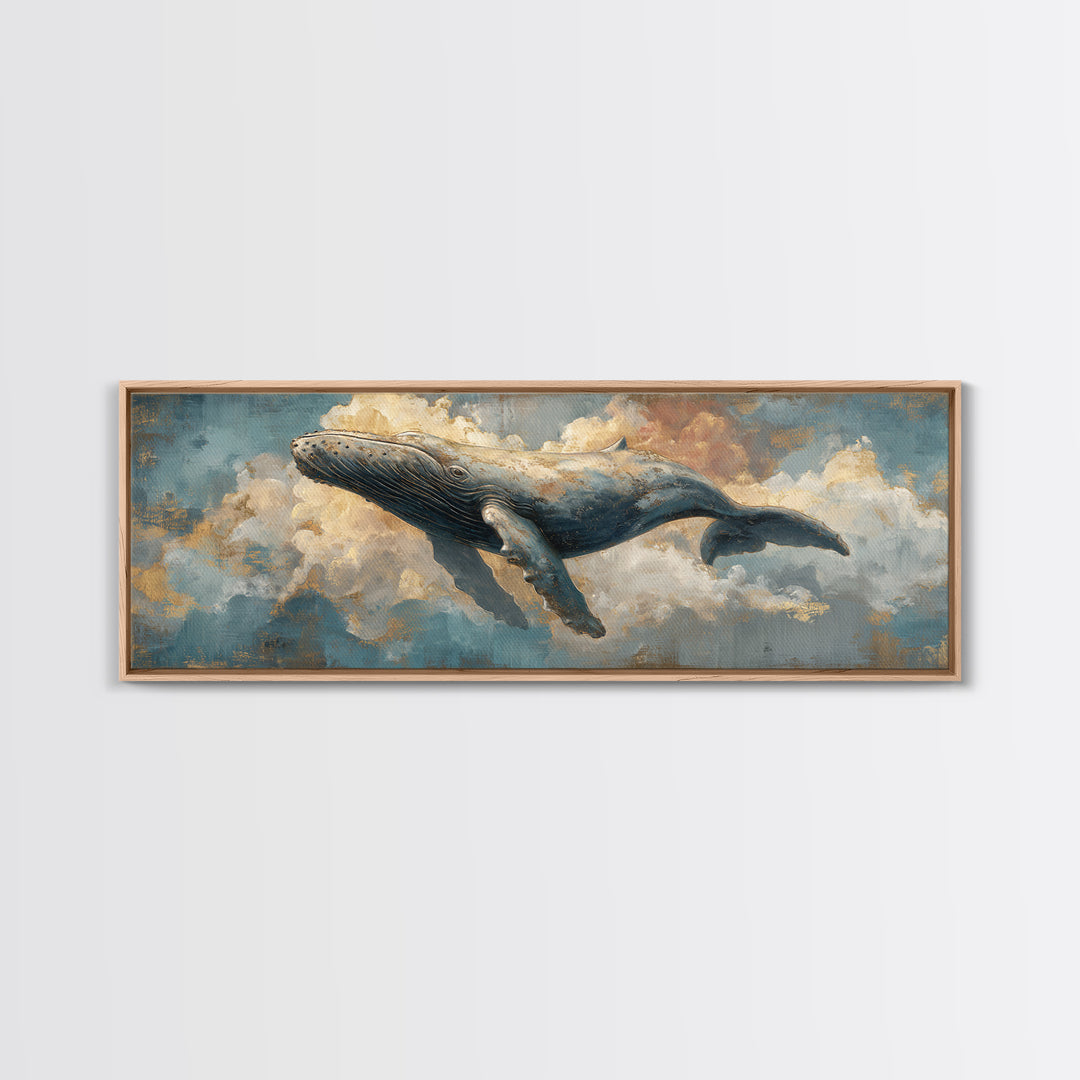 Whale Flying Through Clouds Like Ocean Framed Canvas Print, Whimsical Art, Nursery Art, Living Room Decor, Oil Painting, Wonder, WHI-3x1-77