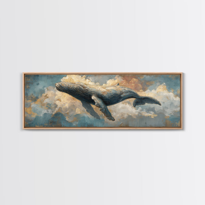 Whale Flying Through Clouds Like Ocean Framed Canvas Print, Whimsical Art, Nursery Art, Living Room Decor, Oil Painting, Wonder, WHI-3x1-77