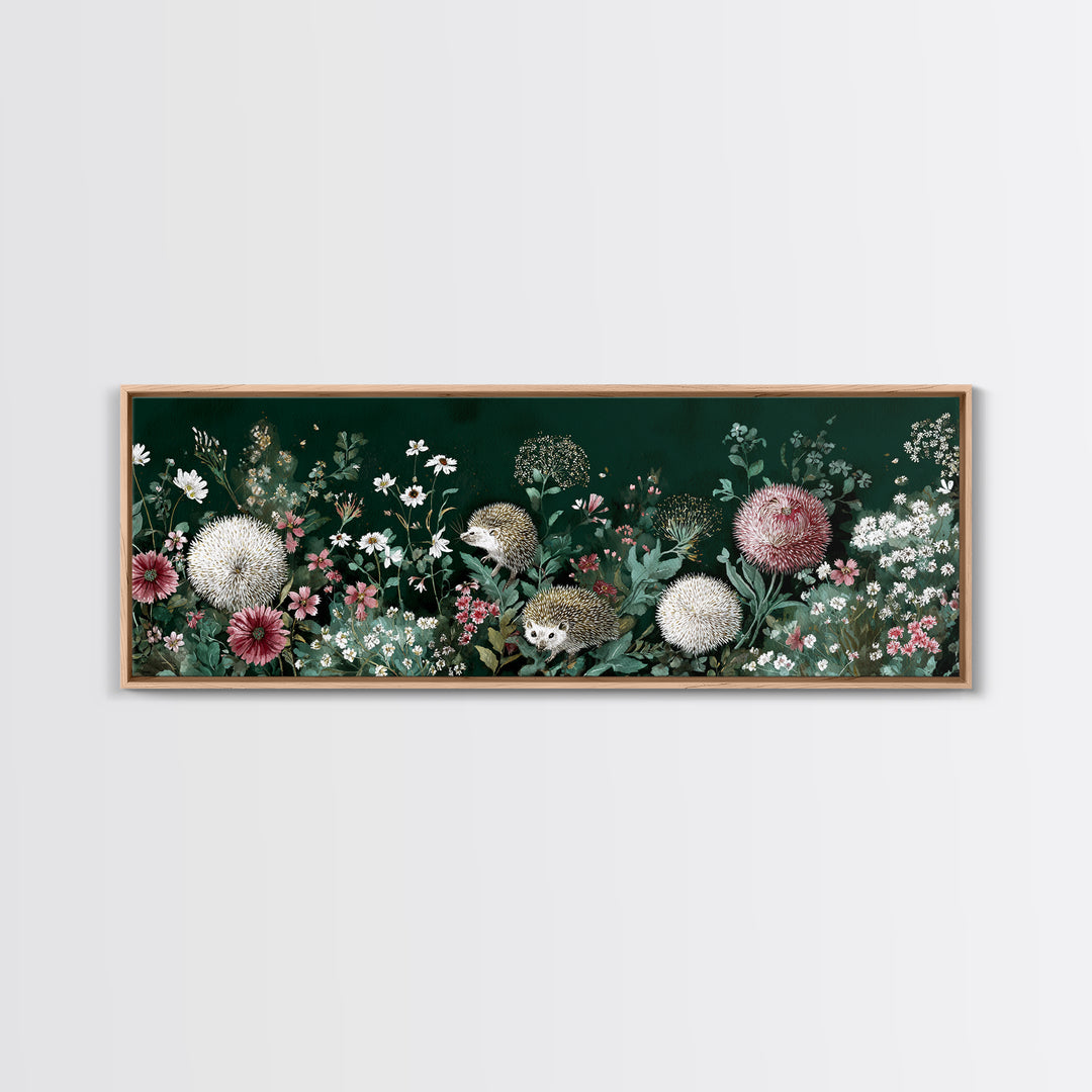 Hedgehog Carrying Wildflowers Framed Canvas Print, Whimsical Art, Whimsical, Living Room Decor, Watercolor Art, Wonder, WHI-3x1-79