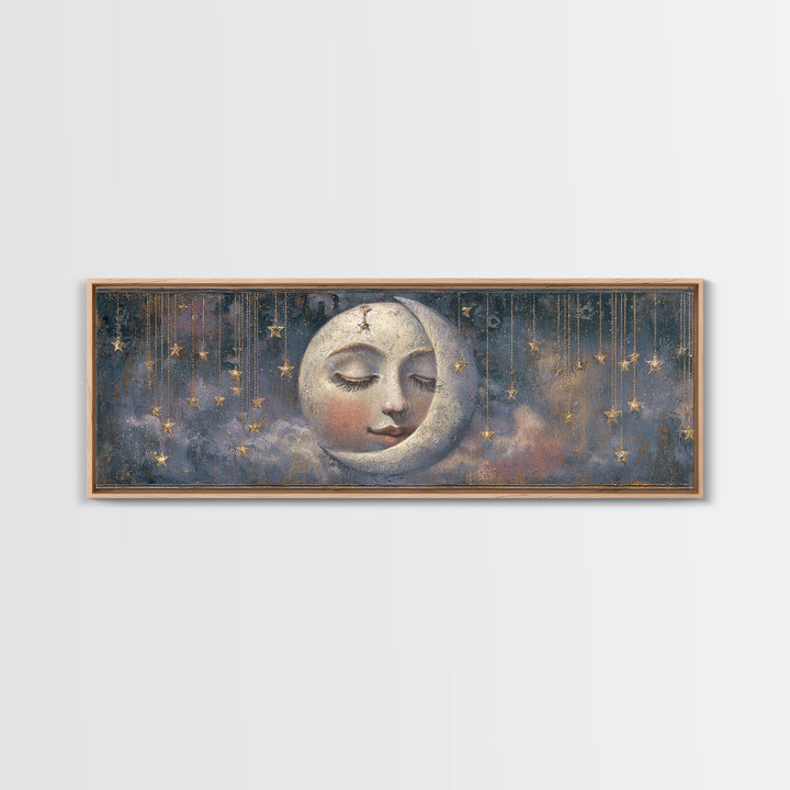 Moon with Sleeping Face and Dangling Stars Canvas Print, Whimsical Art, Art Print, Living Room Decor, Fine Art, Wonder, WHI-3x1-80