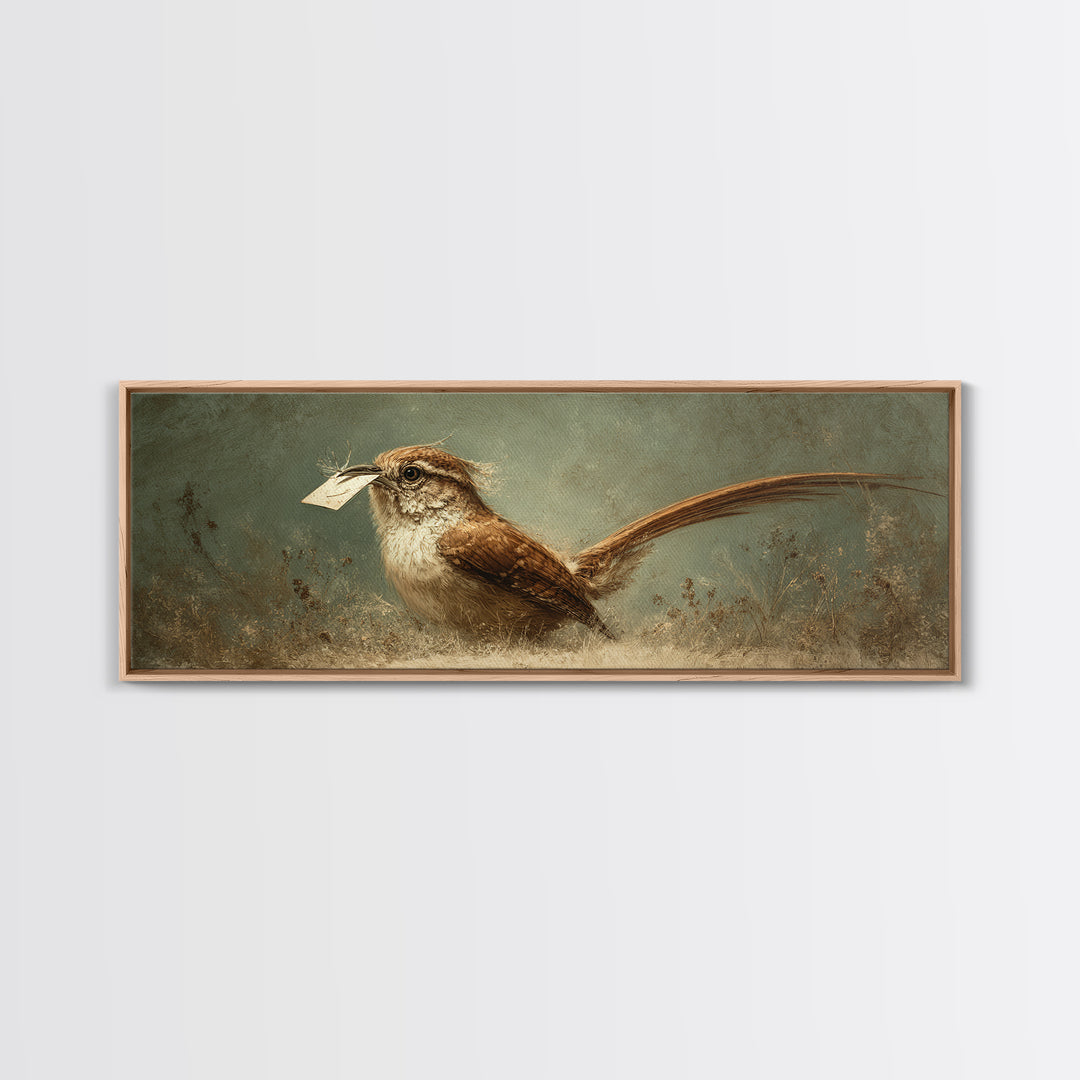 Bird Delivering a Tiny Love Letter Framed Canvas Print, Whimsical Art, Nursery Wall Art, Living Room Decor, Fine Art, Wonder, WHI-3x1-87