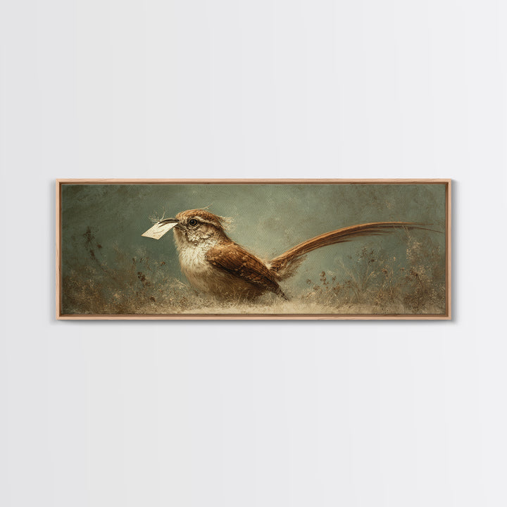 Bird Delivering a Tiny Love Letter Framed Canvas Print, Whimsical Art, Nursery Wall Art, Living Room Decor, Fine Art, Wonder, WHI-3x1-87