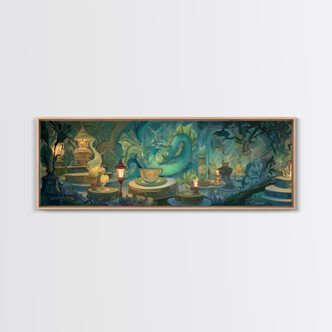 Dragon Curled Around a Teacup Canvas Print, Whimsical Art, Wall Art, Living Room Decor, Oil Painting, Wonder, Framed Wall Art, WHI-3x1-88