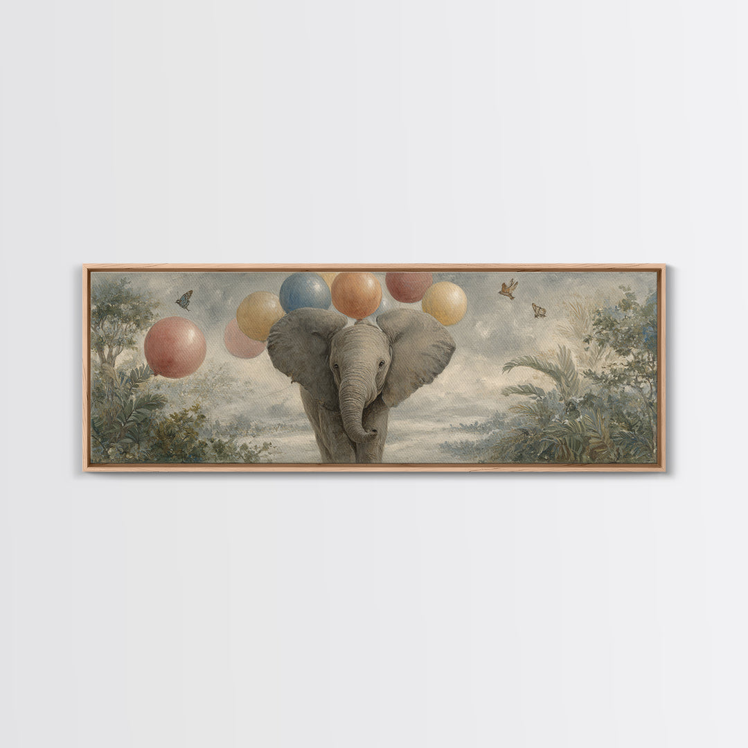 Elephant Holding Balloons Canvas Print, Whimsical Art, Pet Portrait, Living Room Decor, Fine Art, Wonder, Abstract Wall Art, WHI-3x1-91