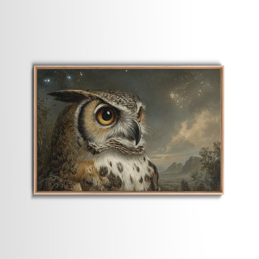 Owl Wearing Spectacles Among Stars Framed Canvas Print, Whimsical Art, Nursery, Living Room Decor, Wonder, Watercolor Art, WHI-3x2-10