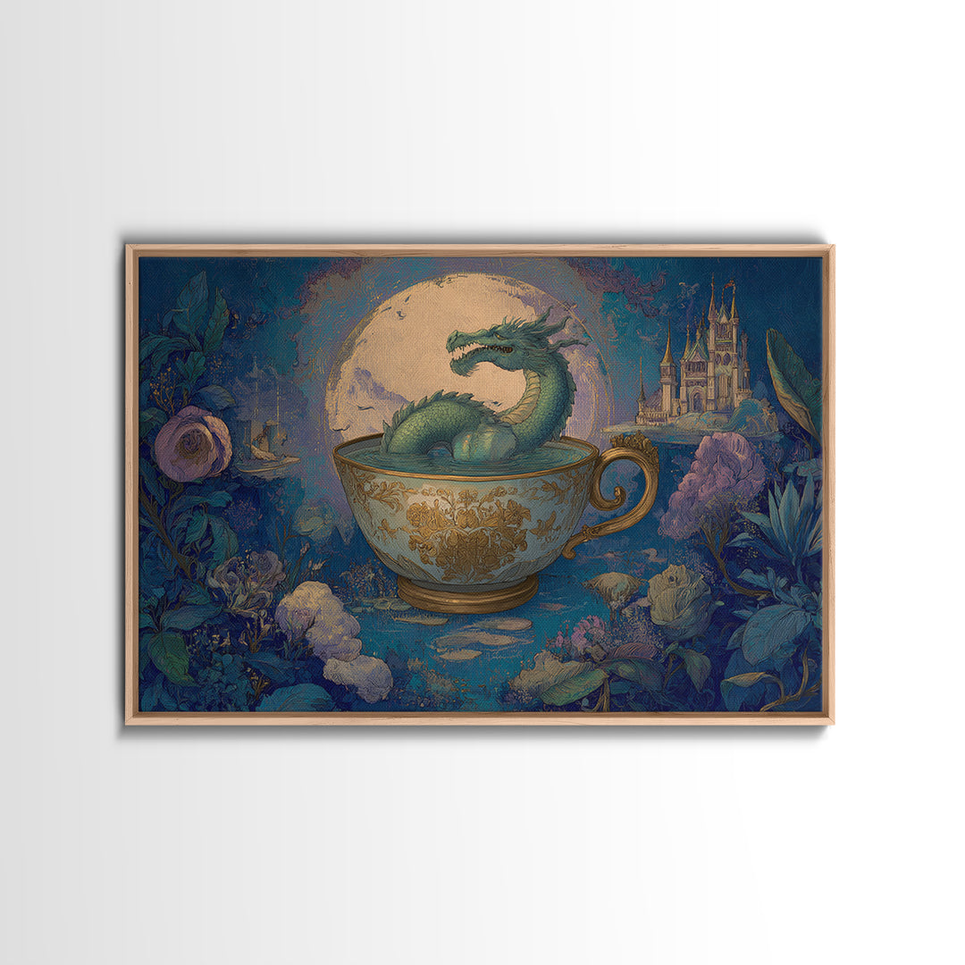 Dragon Curled Around a Teacup Framed Canvas Print, Whimsical Art, Wall Art, Living Room Decor, Oil Painting, Wonder, WHI-3x2-100